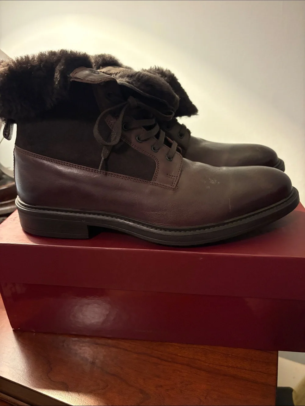 Men's Dark Brown Leather Fur-Collar Lace-Up Boots